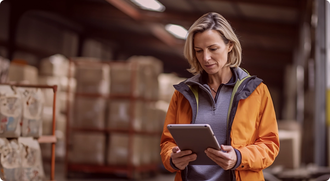 Woman worker with orange jacket holding a tablet in both hands, looking at it, standing in a storage hall.