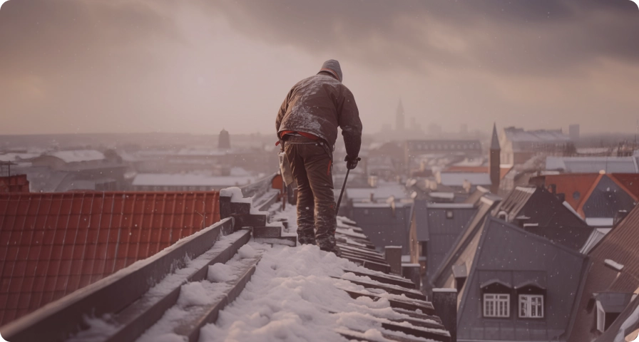 Worker standing upright on a snow covered roof. Bad weather conditions, cloudy sky. In the Background there is a city skyline with snow covered roofs