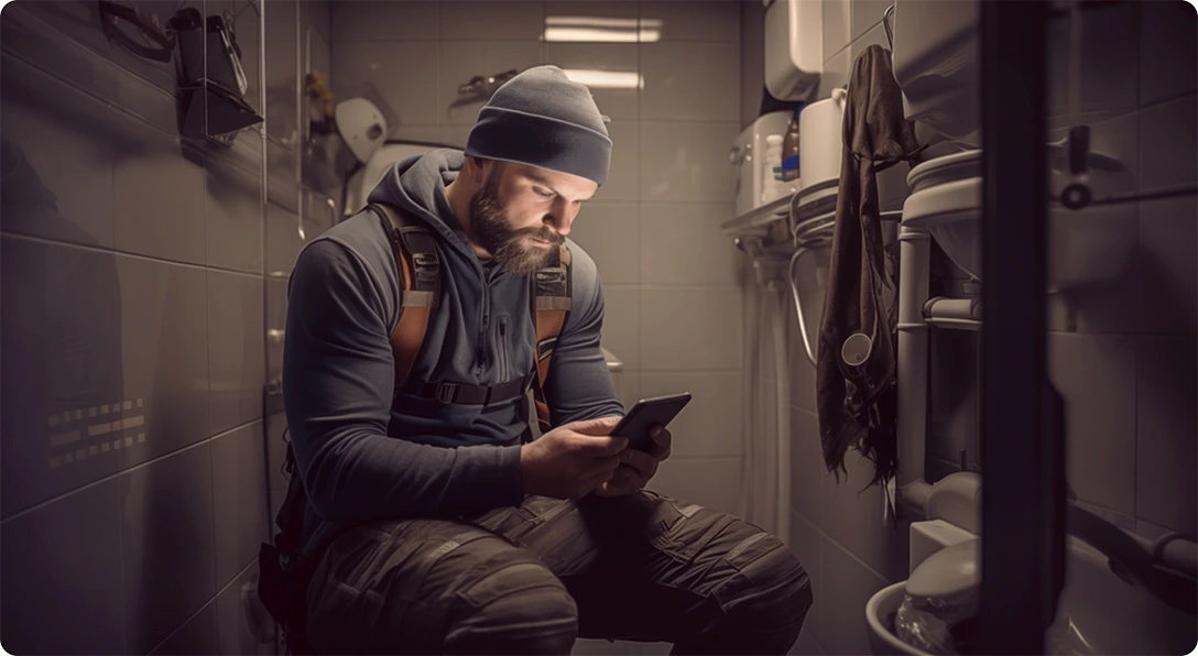 Plumber sitting in a bathroom, looking at his phone, tracking his worked hours on site.