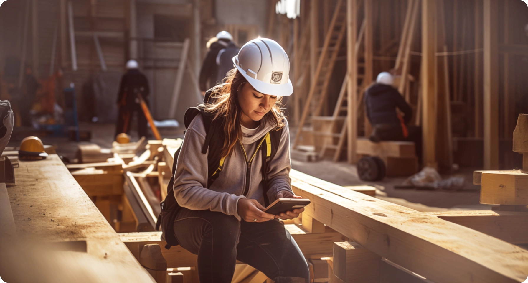 Woman worker with a white helmet sitting on wooden planks, looking at her smartphone, documenting the construction site. In the background co-workers working on the wooden construction of the roof.